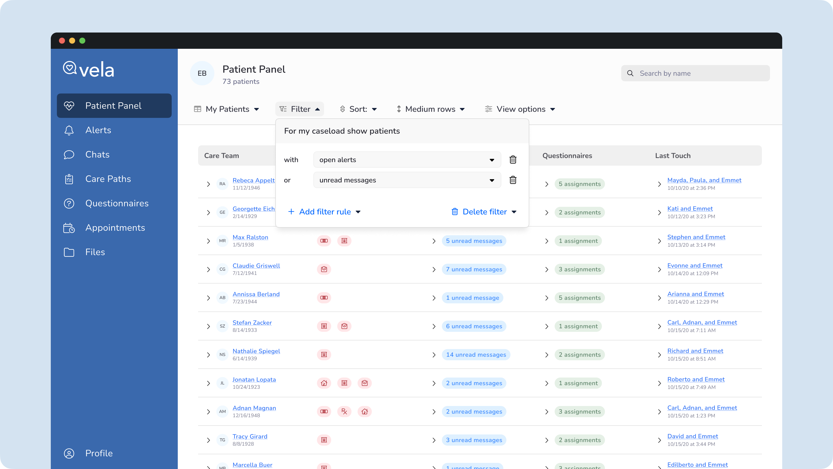 Vela Patient Panel: rule builder filter